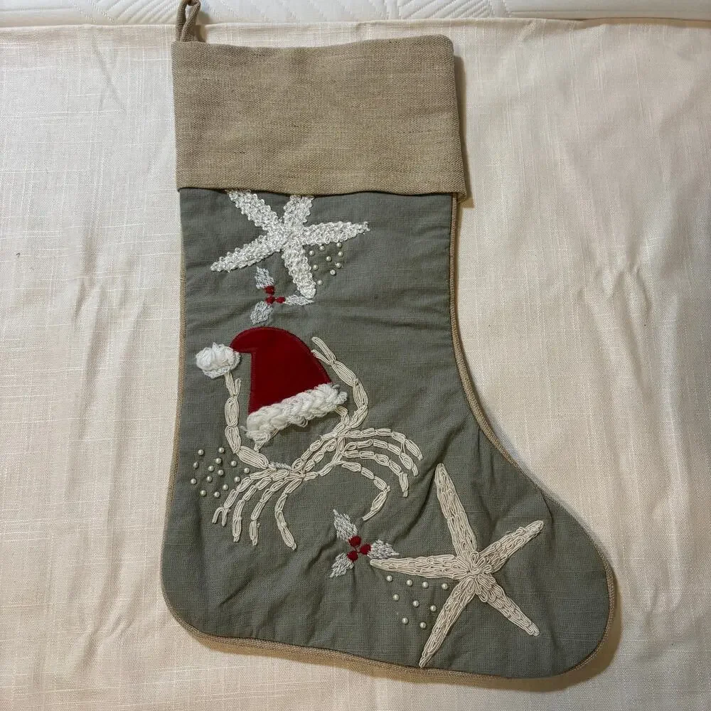 Pier 1 Imports Christmas Stocking Coastal Starfish Santa Hat Embroidered Beaded